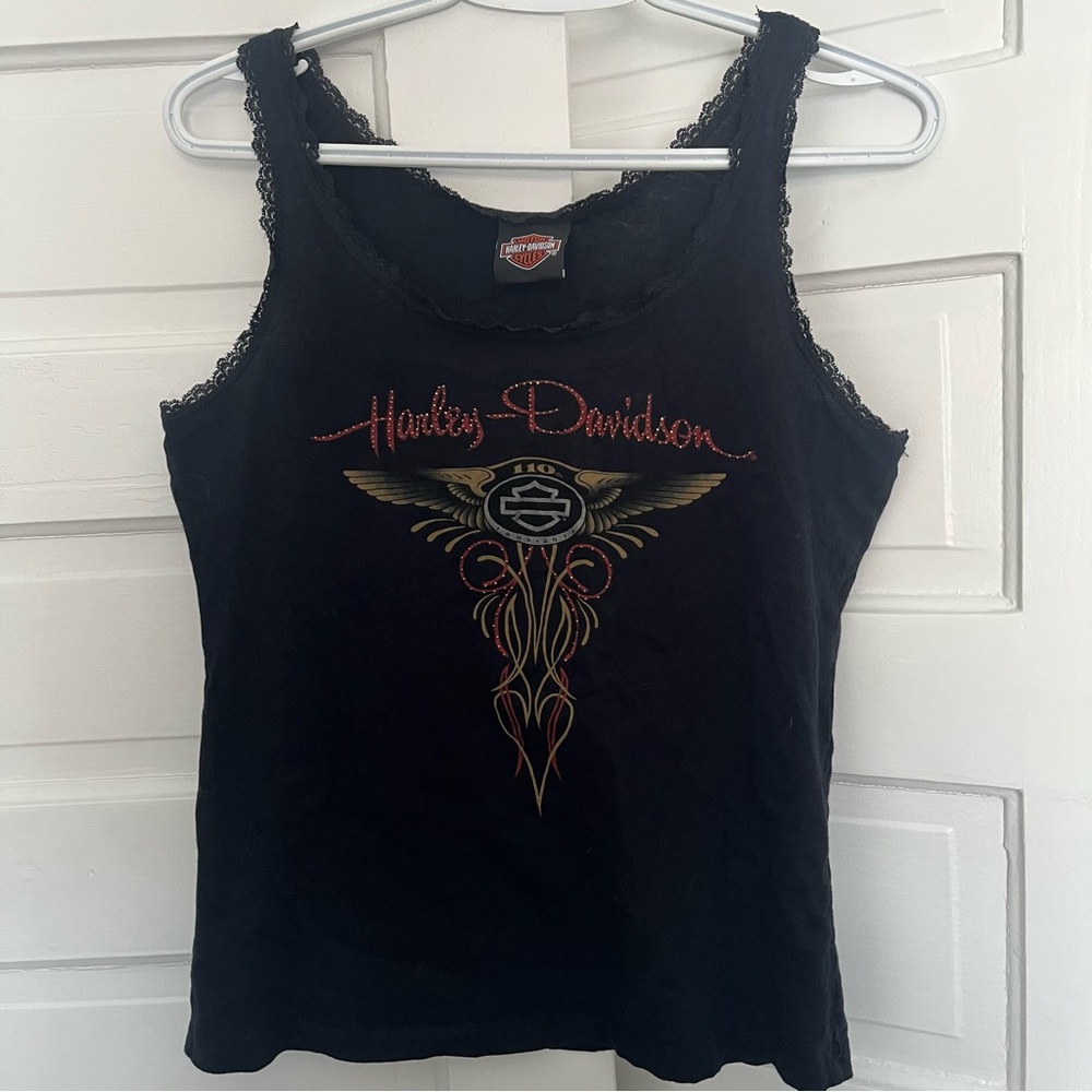 Harley-Davidson Women's Black Tank Top with lace detail and rhinestones Y2K